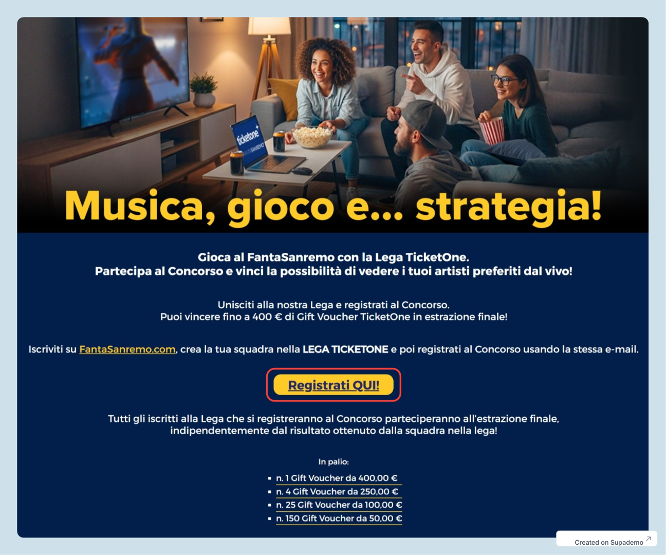 Compila il form di partecipazione di TicketOne, con lo stesso indirizzo email usato per il FantaSanremo